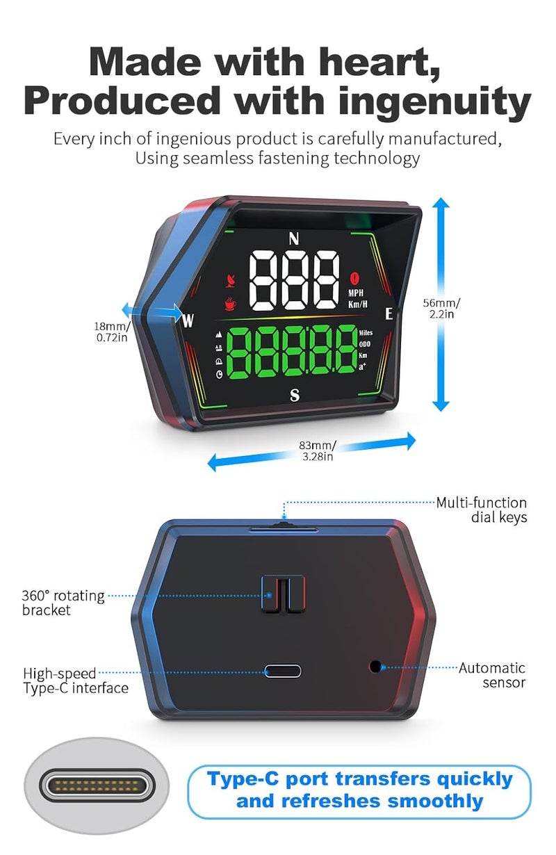 Docbraces HUD Heads Up Display for Cars 2025 New Universal Digital GPS Speedometer LED Display with MPH Speed Compass Overspeed Alarm Fatigued Driving Alert,USB Cable Plug and Play for All Vehicle - Image 3